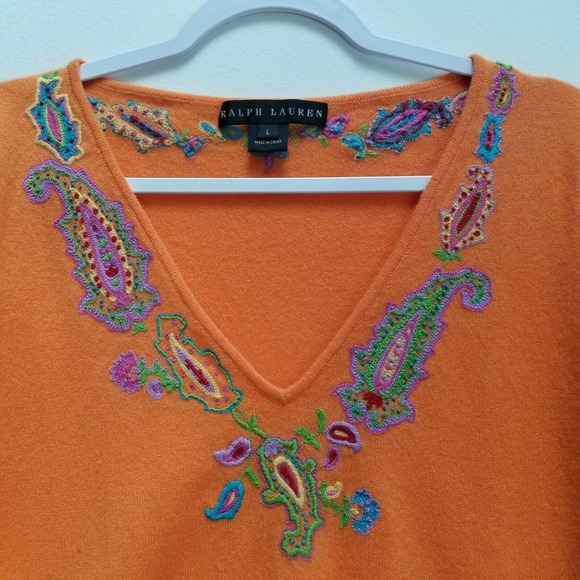 Ralph Lauren Black Label Women's V-Neck Cashmere Sweater Embroidered Orange Sz L - Picture 5 of 12